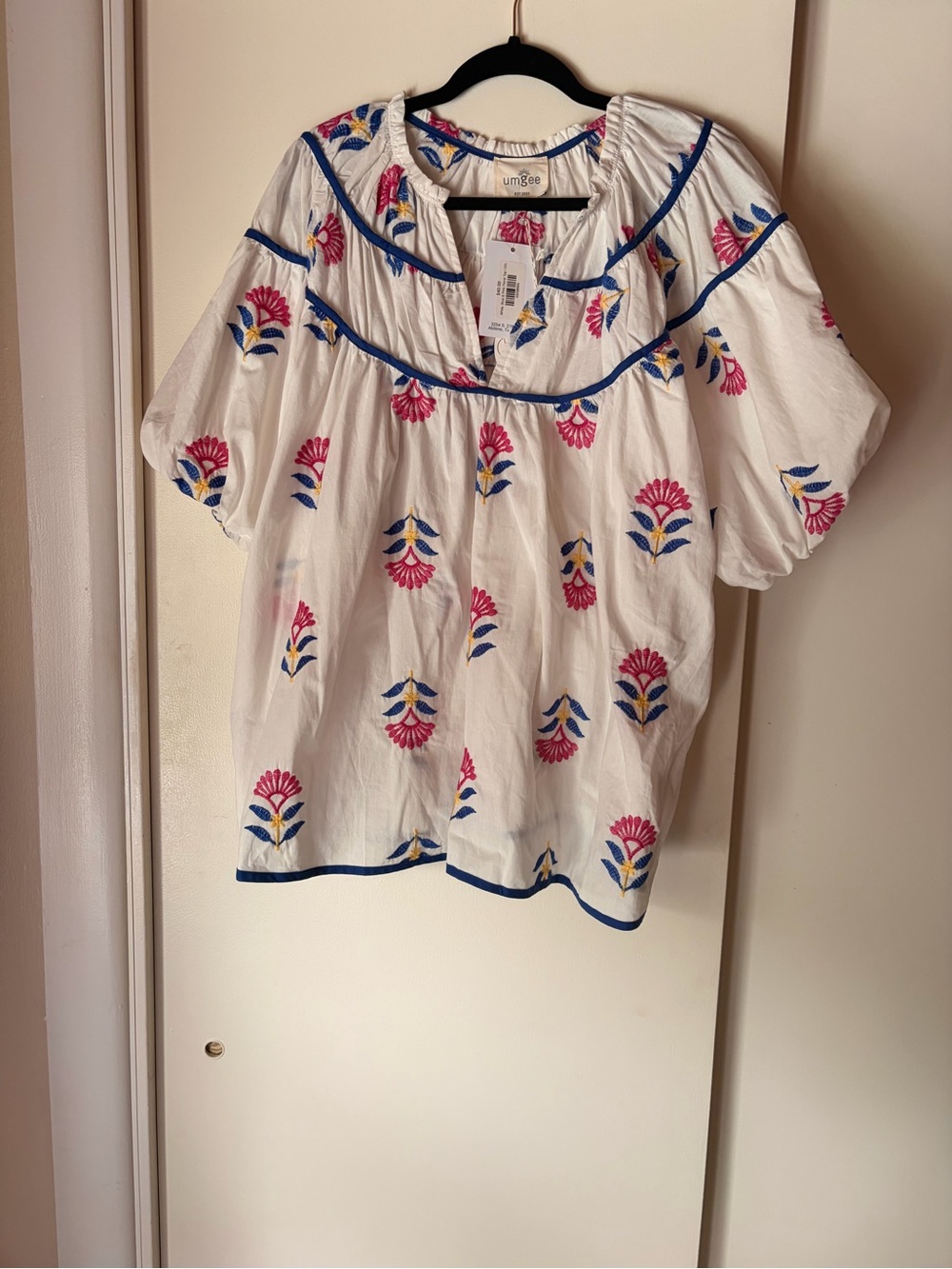 Umgee White Embroidered Puff Sleeve Top with Blue & Pink Accents - Picture 2 of 4
